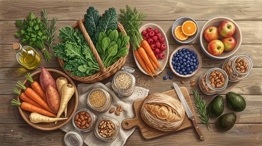 Fresh carrots, sweet potatoes, parsnips, leafy greens, berries, apples, avocados, nuts, grains, bread, and olive oil on wooden surface